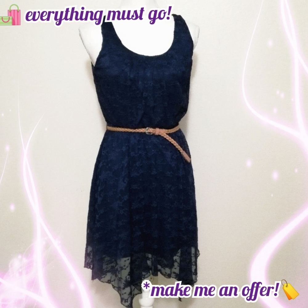 💙Flirty Blue Belted Sleeveless Lace Dress